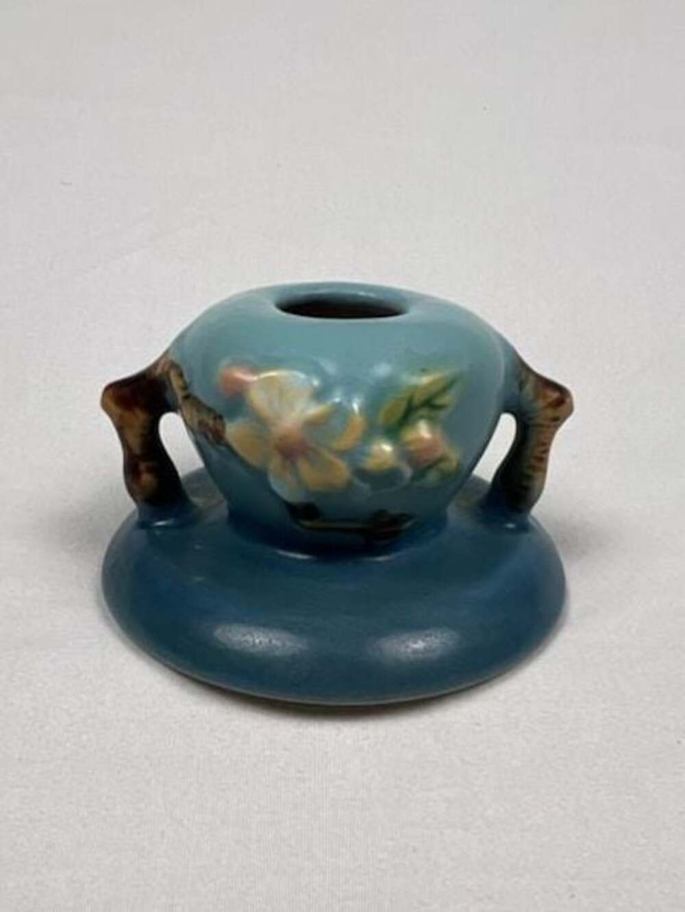 Vintage Roseville Pottery Apple Blossom Blue Candlestick Holder #351